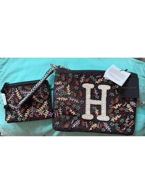 Embroidered Black Wristlet Set with Beaded Floral Accents